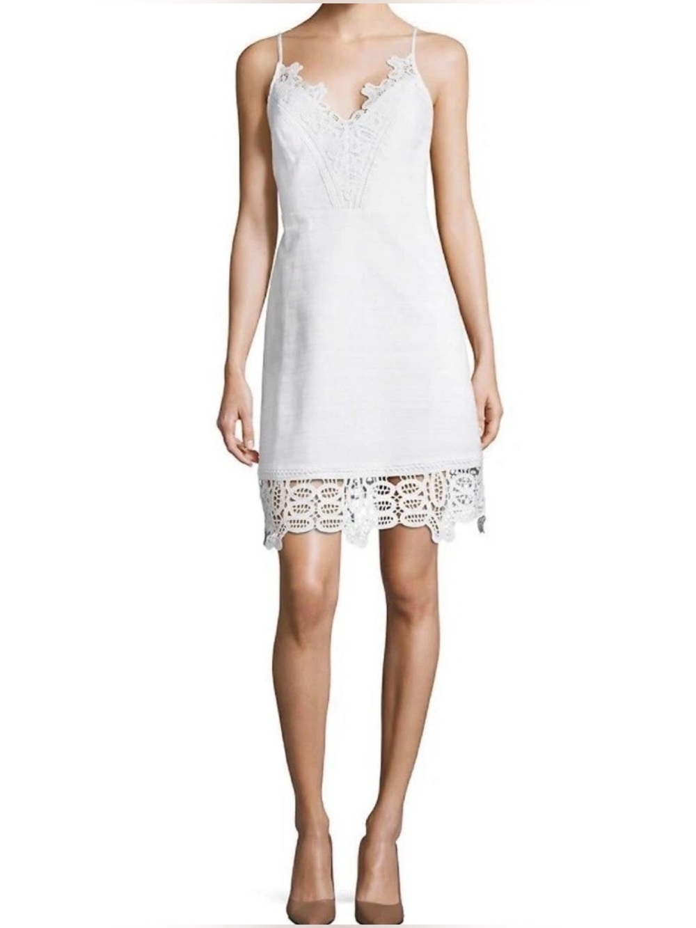 Laundry By Shelli Segal White Scalloped Lace V-Neck Cotton & Linen Dress
